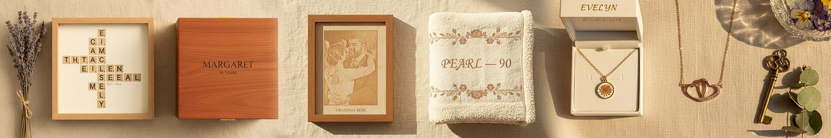 Personalized 90th birthday gifts for women including a family crossword wall sign, custom cherry wood keepsake box, etched wood photo frame, personalized milestone birthday blanket, birth flower jewelry set, and grandmother-granddaughter infinity heart necklace on a warm cream linen surface.