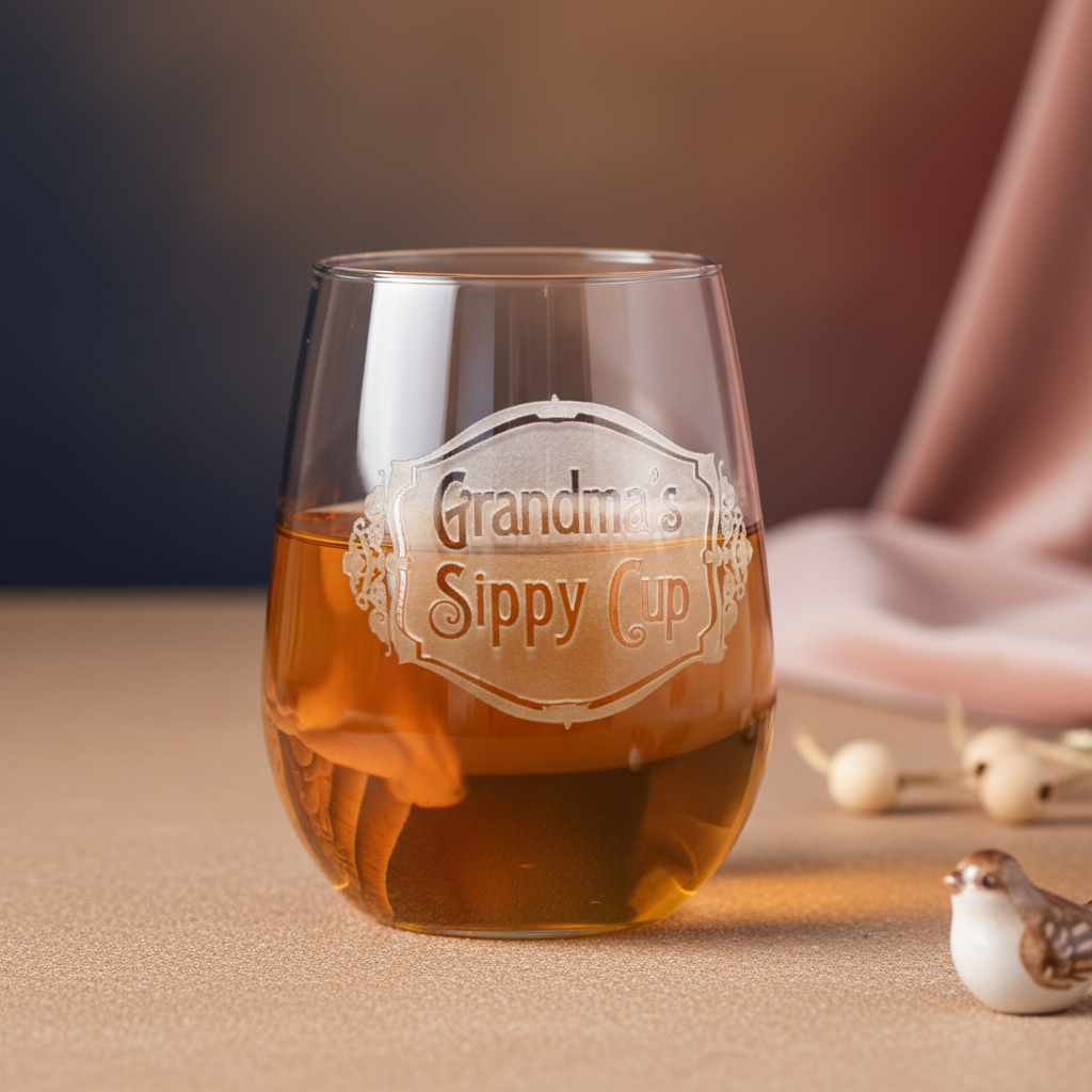 Stemless wine glass filled with amber liquid, engraved with sample text "Grandma's Sippy Cup" in decorative sand-carved design on front