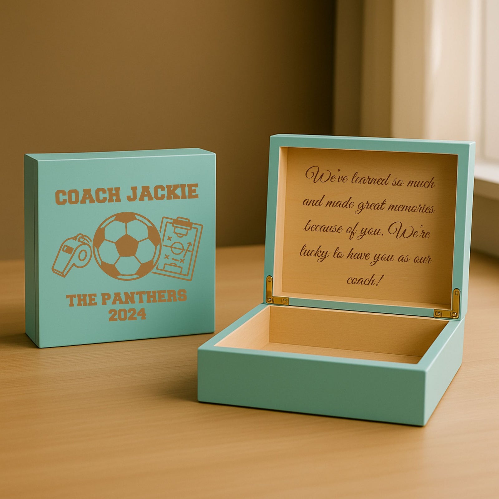 Custom engraved soccer coach keepsake box gift with personalized message inside