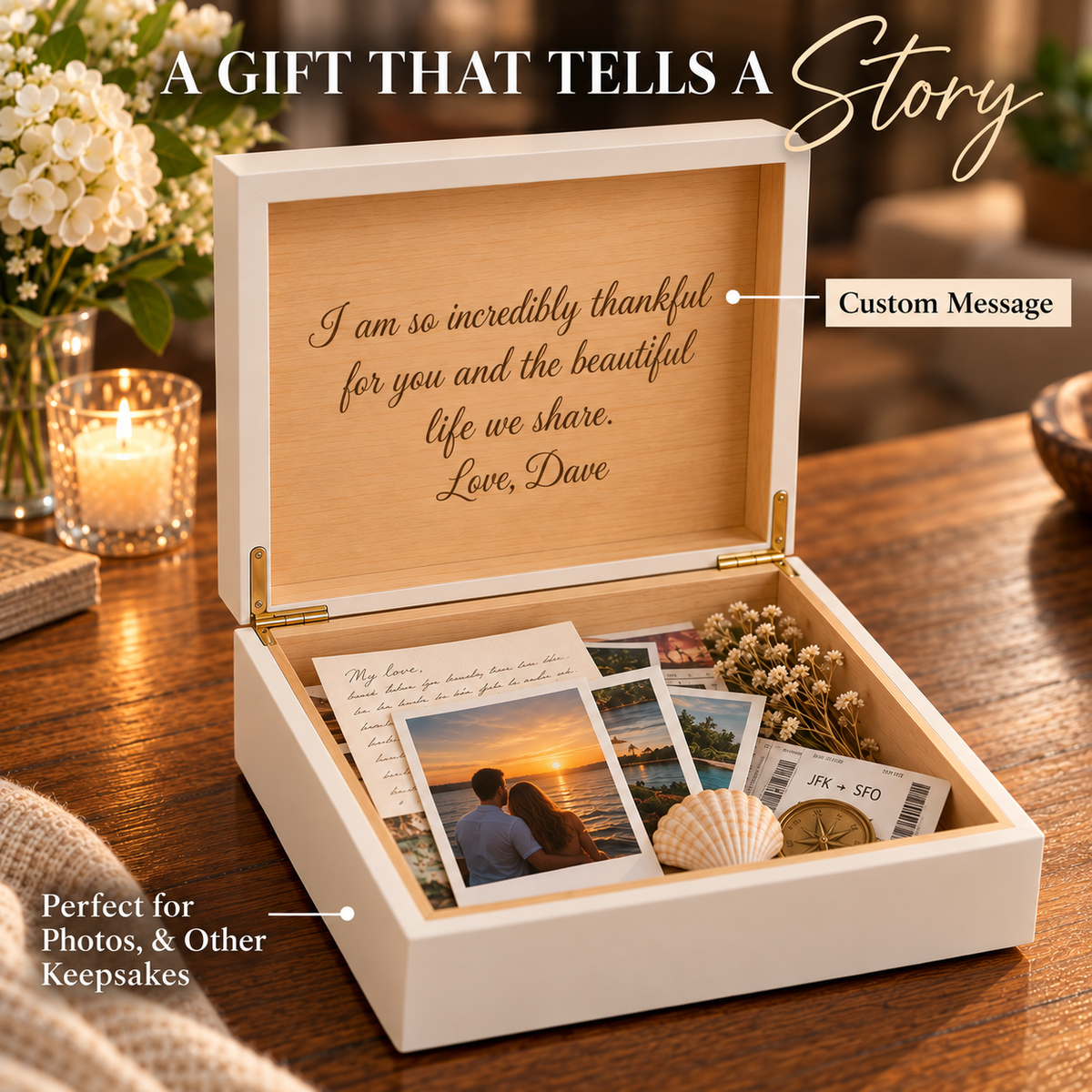 A personalized wooden keepsake box shown open on a warm wooden table, with a custom engraved message on the inside lid. The box contains photos, a shell, dried flowers, and a small card.