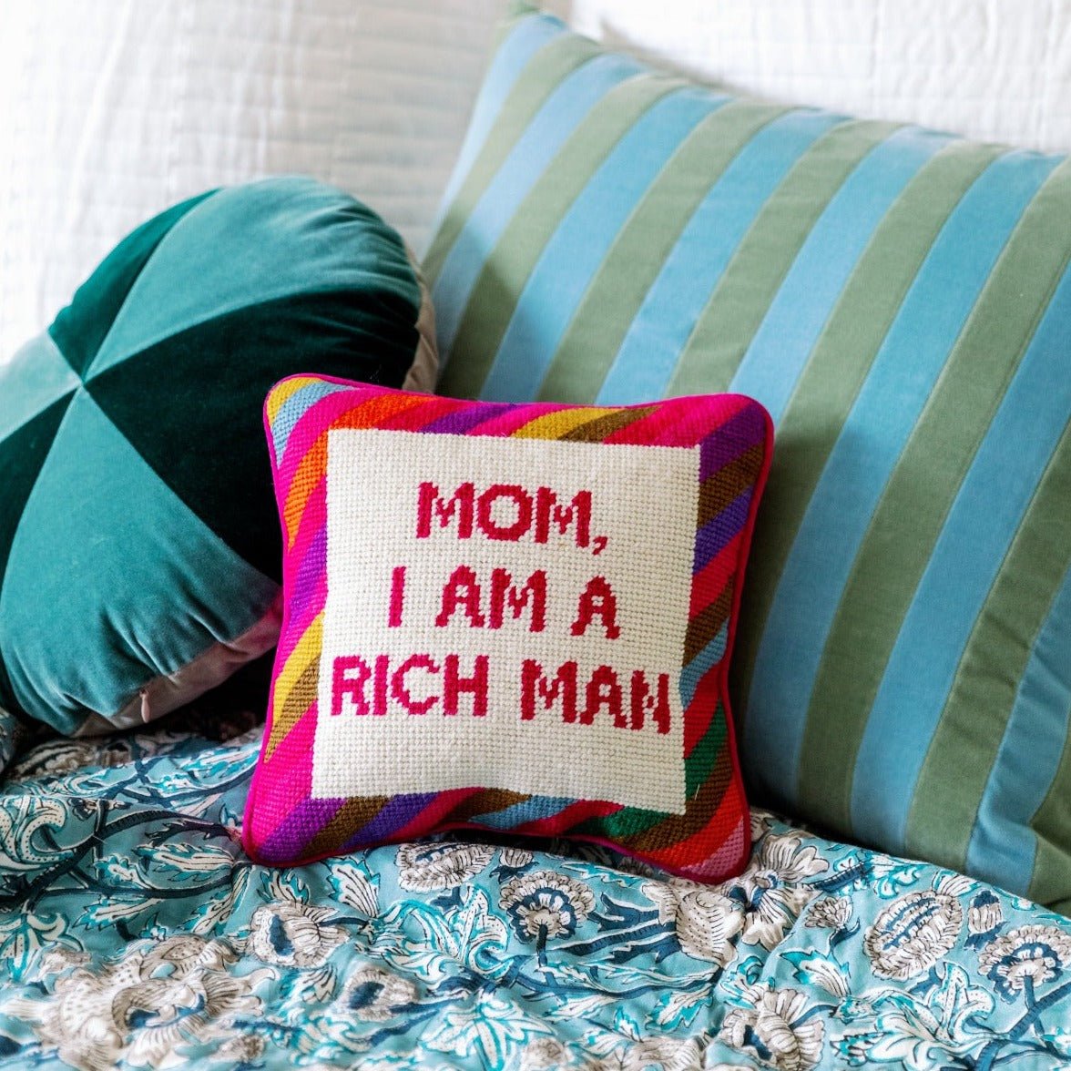Cher Knows Best needlepoint pillow, handmade with 100% wool embroidery and cotton velvet back, 10x10 inches, perfect for chic and empowering decor.