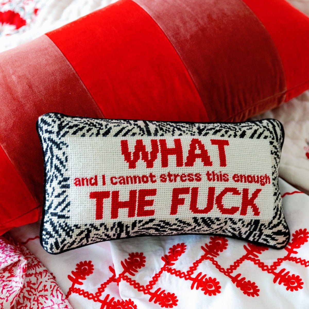 WTF needlepoint pillow with premium 100% wool embroidery and cotton velvet backing, 8x14 inches, for a humorous and stylish home accessory.