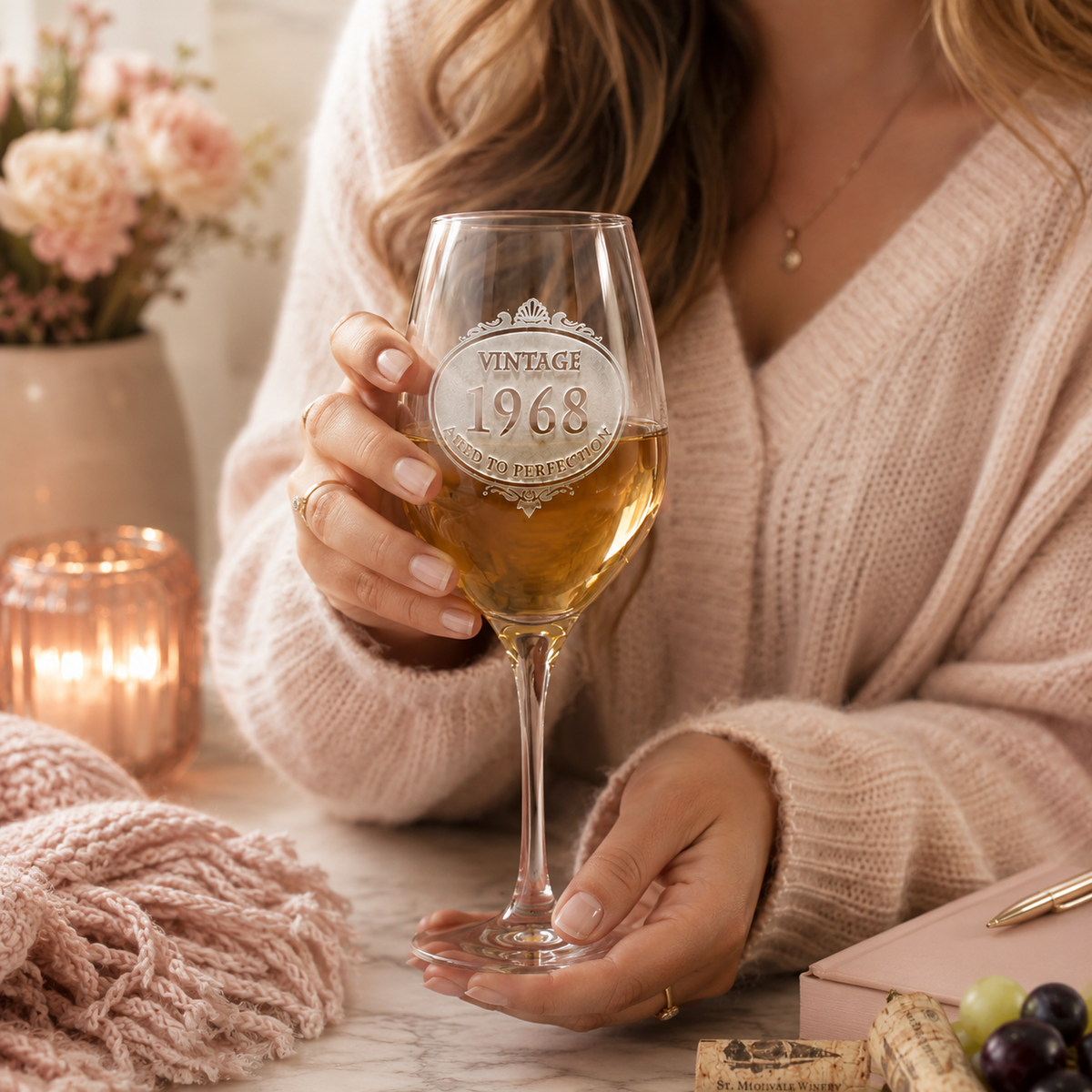 Engraved wine glass with circular design reading "VINTAGE" and sample year "1968" held by a hand, filled with white wine, styled with flowers and candles in background.
