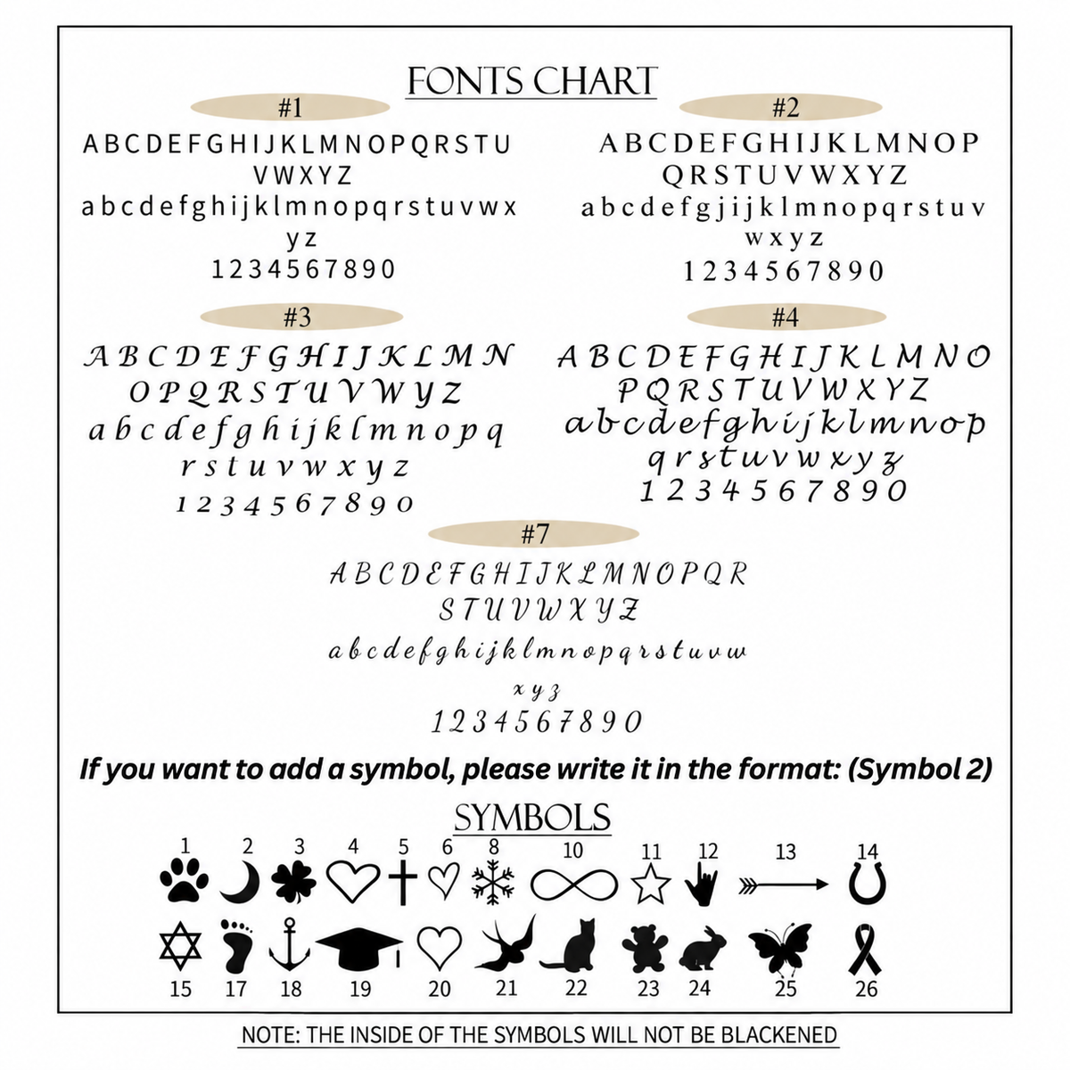 A fonts chart and symbols reference sheet showing seven font styles labeled #1 through #7 and 26 black symbol options, presented on a white background.