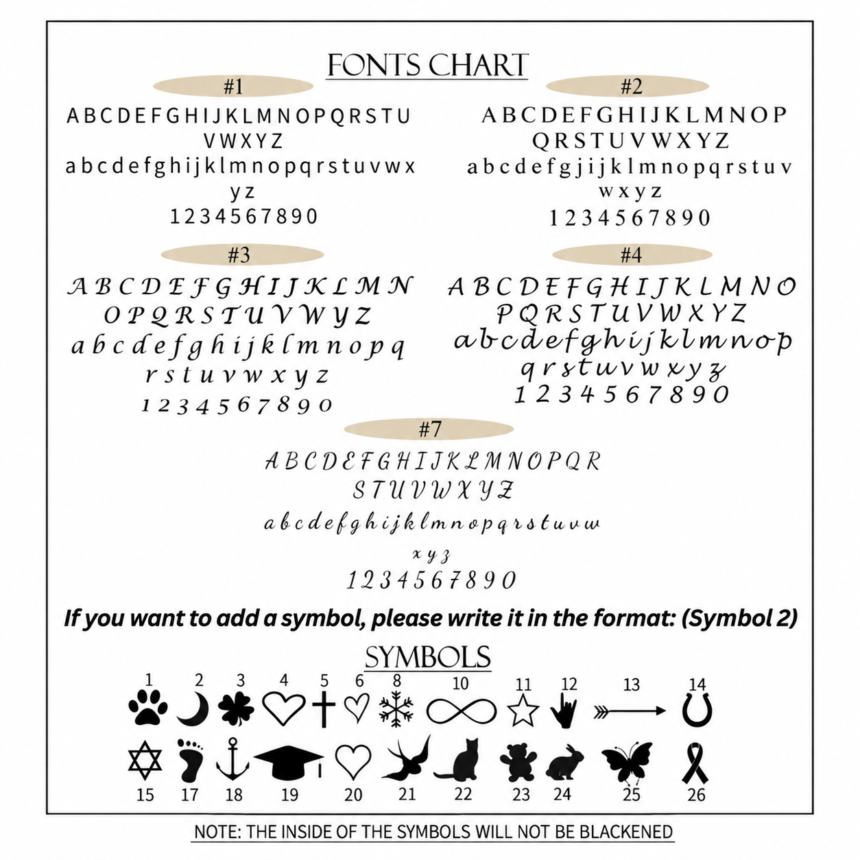 A fonts chart and symbols reference sheet showing seven font styles labeled #1 through #7 and 26 black symbol options, presented on a white background.