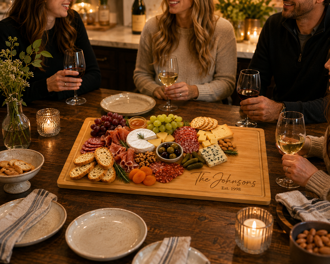 A large wooden charcuterie board engraved with 'The Johnsons Est. 1995' sits on a rustic wooden dining table, surrounded by people holding wine glasses in a warmly lit, cozy kitchen setting.