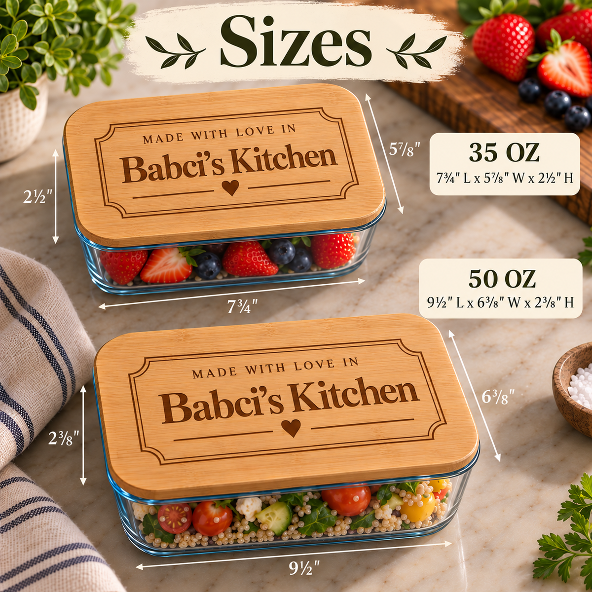 Two rectangular glass food storage containers with bamboo lids are shown on a marble surface. The lids are engraved with the text 'MADE WITH LOVE IN Babci's Kitchen 