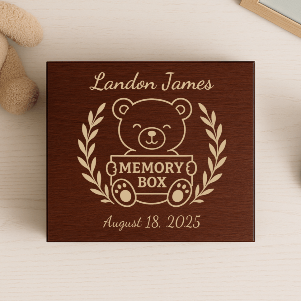 Custom wooden baby keepsake box with engraved name, birthdate, and message—perfect for storing newborn mementos and memories