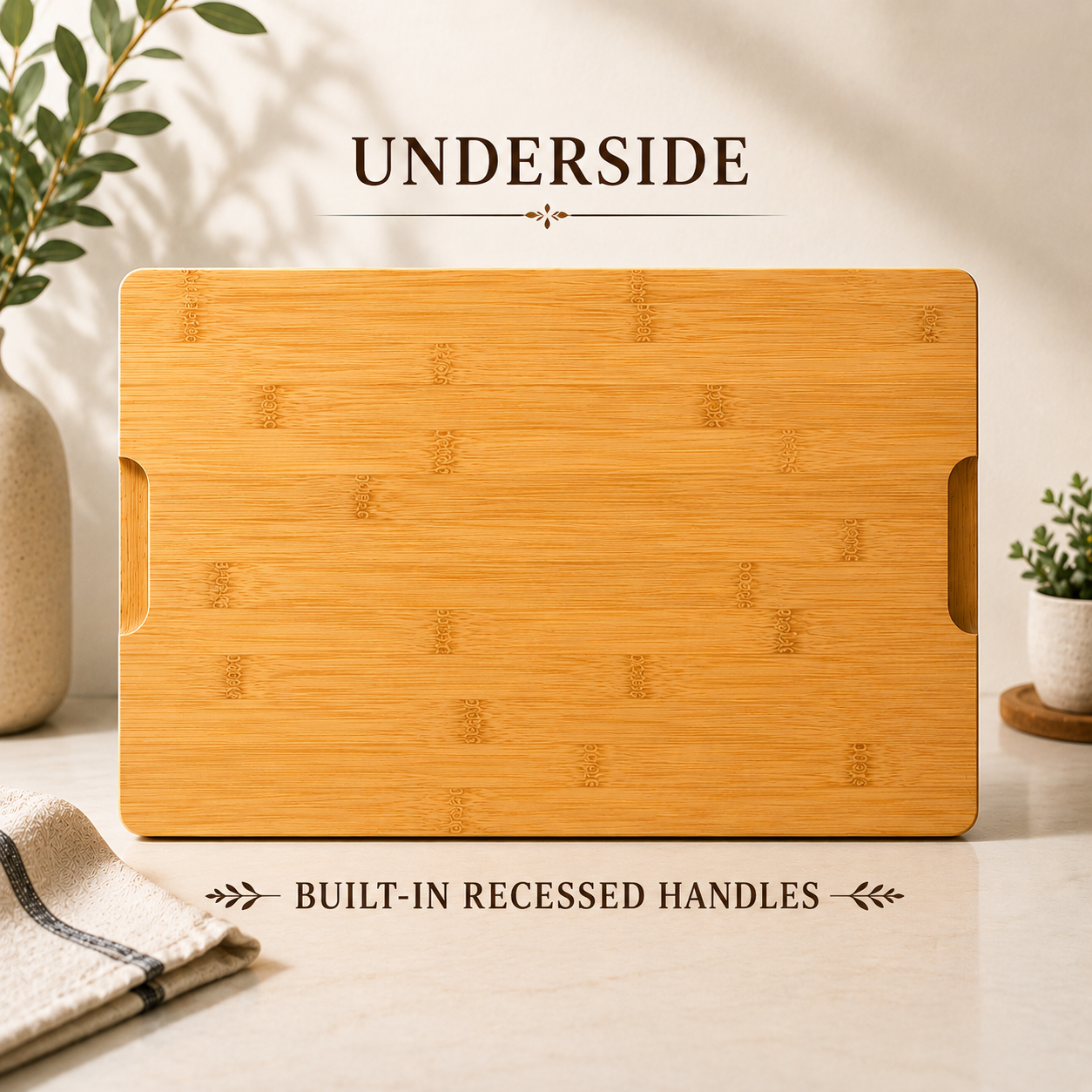 Underside view of the personalized realtor closing gift board, showing the built-in recessed handles carved into each end for easy lifting and carrying.