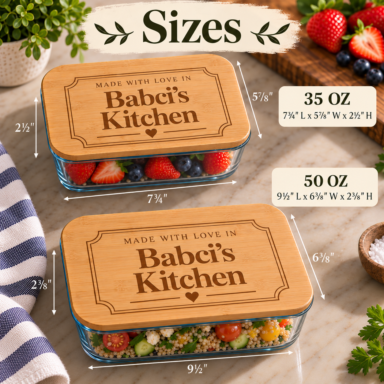 Two rectangular glass food storage containers with bamboo lids are shown on a marble surface. The lids are engraved with the text 'MADE WITH LOVE IN Babci's Kitchen 