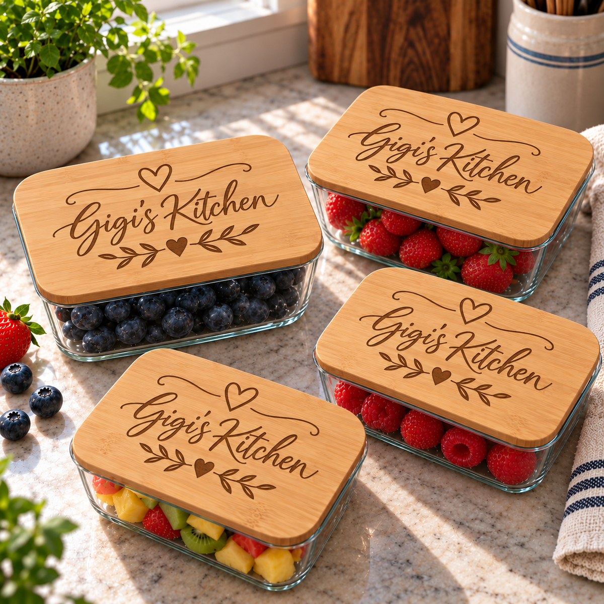 Four clear glass storage containers with light bamboo lids engraved with 'Gigi's Kitchen' and a heart-and-leaf motif, arranged on a kitchen counter with fruit visible inside the containers.