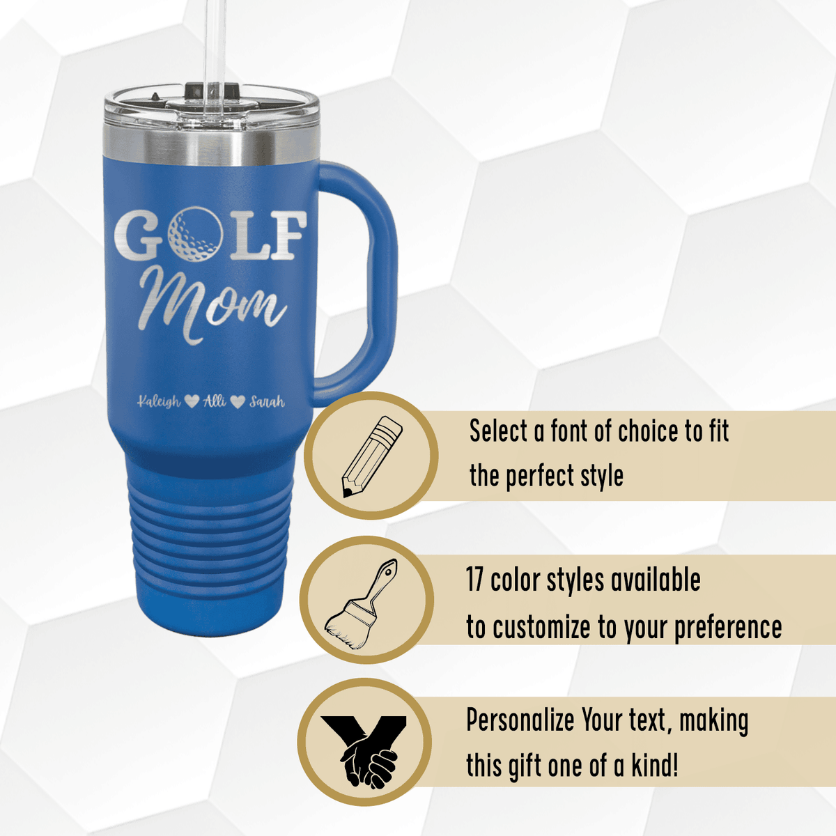 Personalized Best Golf Mom Travel Mug With Handle for her, Customized Gifts for Women by Groovy Girl Gifts