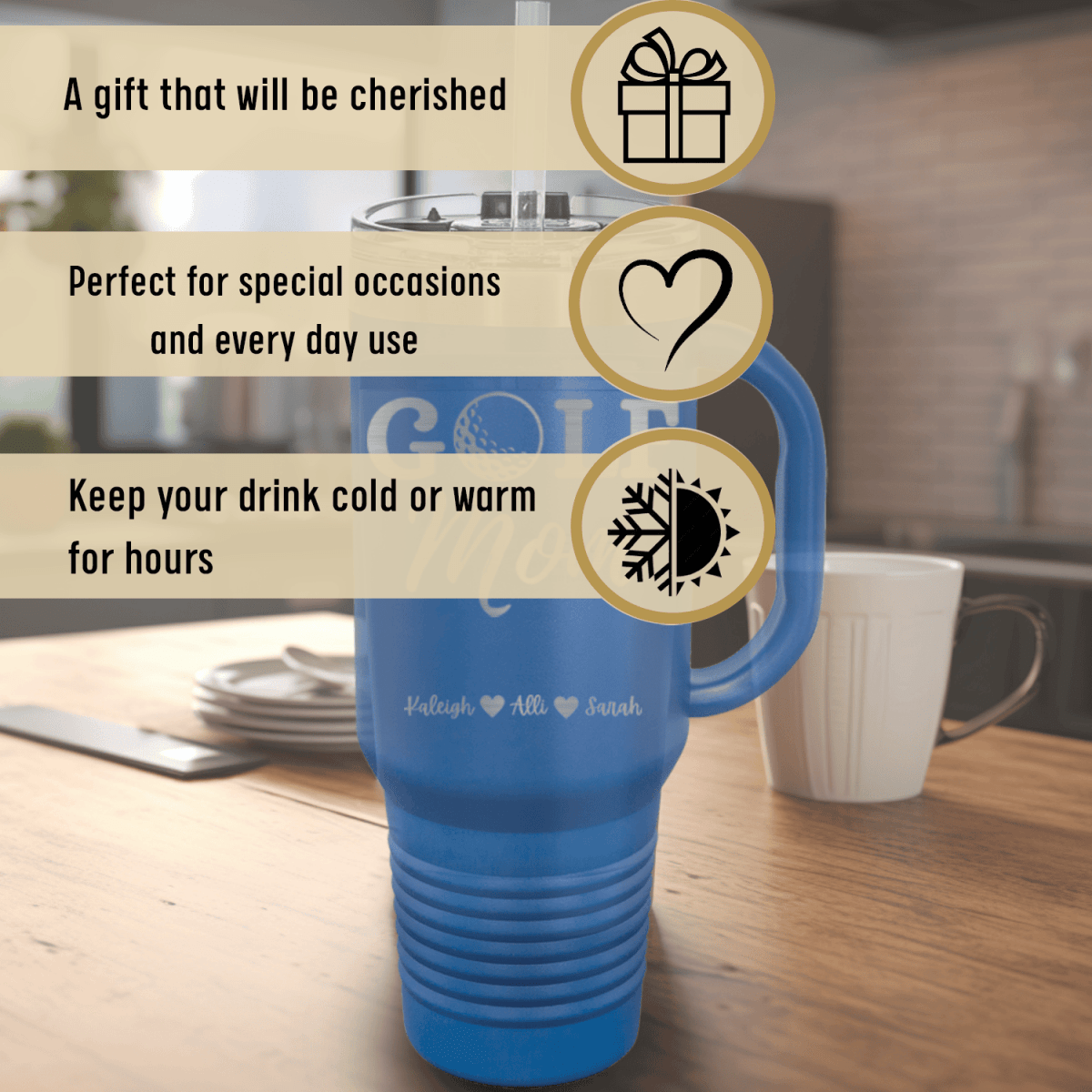 Personalized Best Golf Mom Travel Mug With Handle for her, Customized Gifts for Women by Groovy Girl Gifts