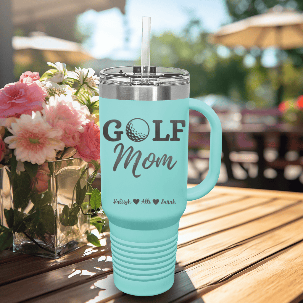 Teal Golf Mom Travel Mug With Handle With Best Golf Mom Design