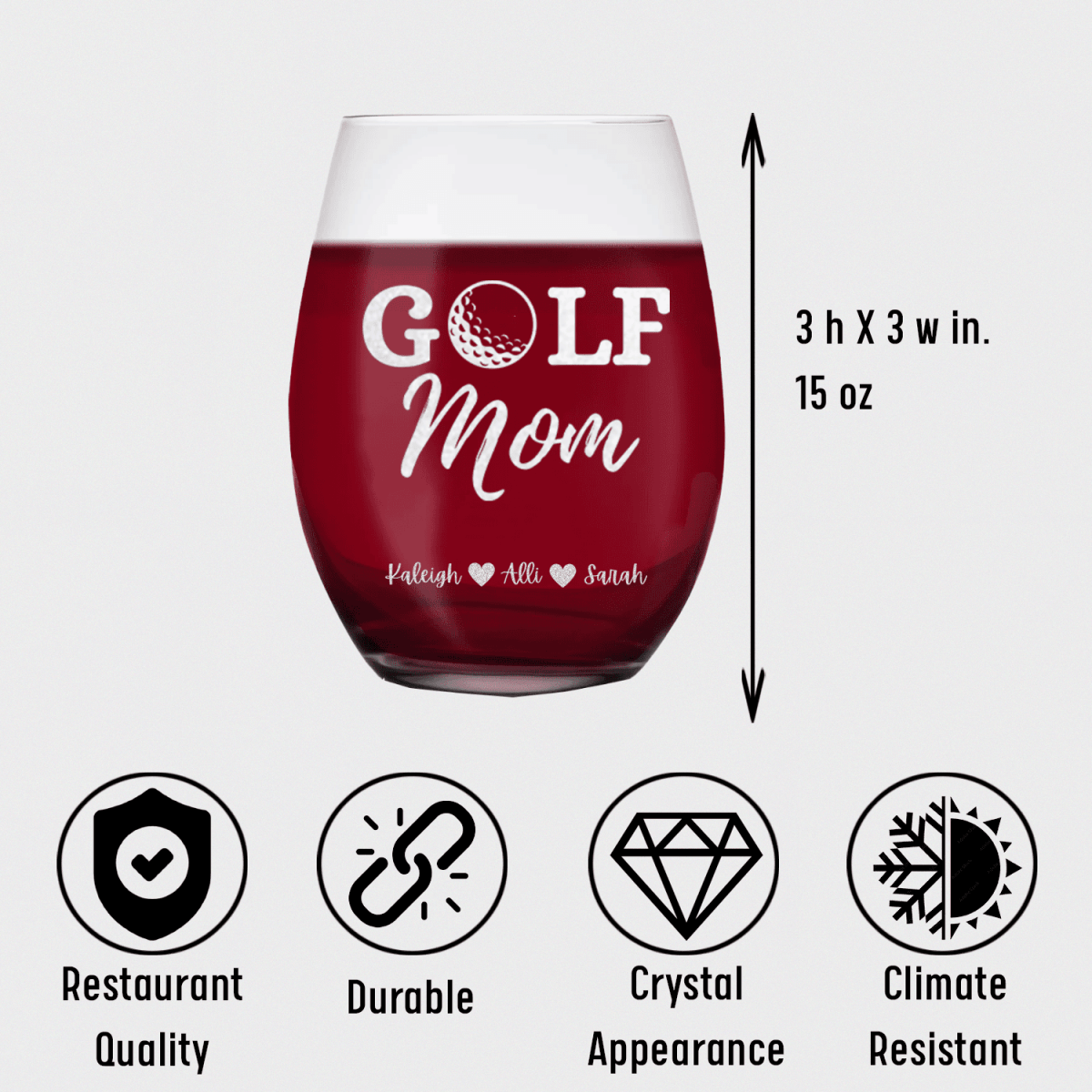 Personalized Best Golf Mom Stemless Wine Glass for her, Customized Gifts for Women by Groovy Girl Gifts