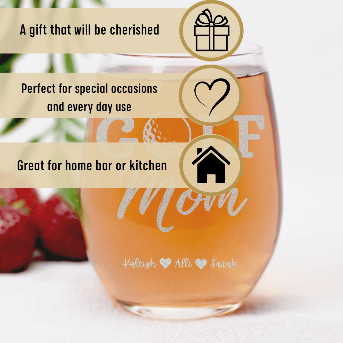 Personalized Best Golf Mom Stemless Wine Glass for her, Customized Gifts for Women by Groovy Girl Gifts