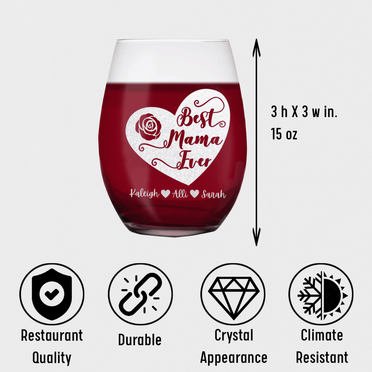 Personalized Best Mama Ever Stemless Wine Glass for her, Customized Gifts for Women by Groovy Girl Gifts