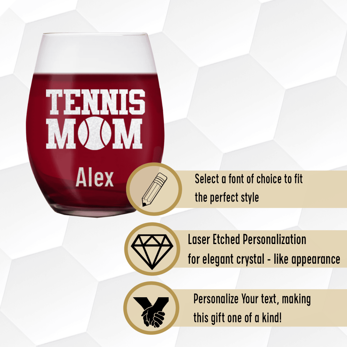 Personalized Best Tennis Mom Stemless Wine Glass for her, Customized Gifts for Women by Groovy Girl Gifts