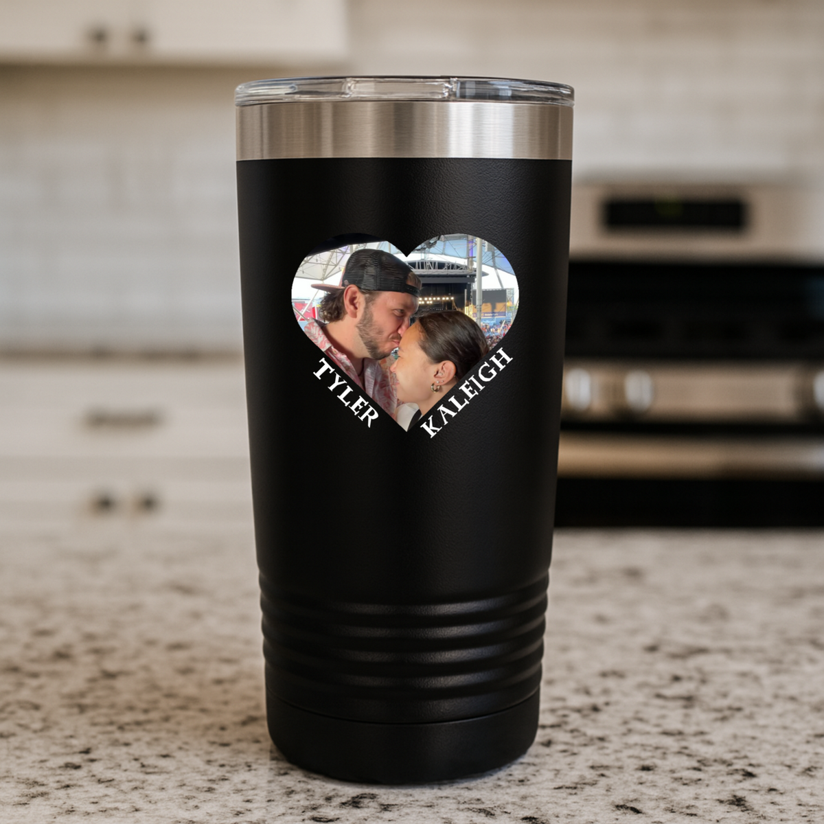 Custom heart photo tumbler with personalized names – pink, white, and black stainless steel drinkware