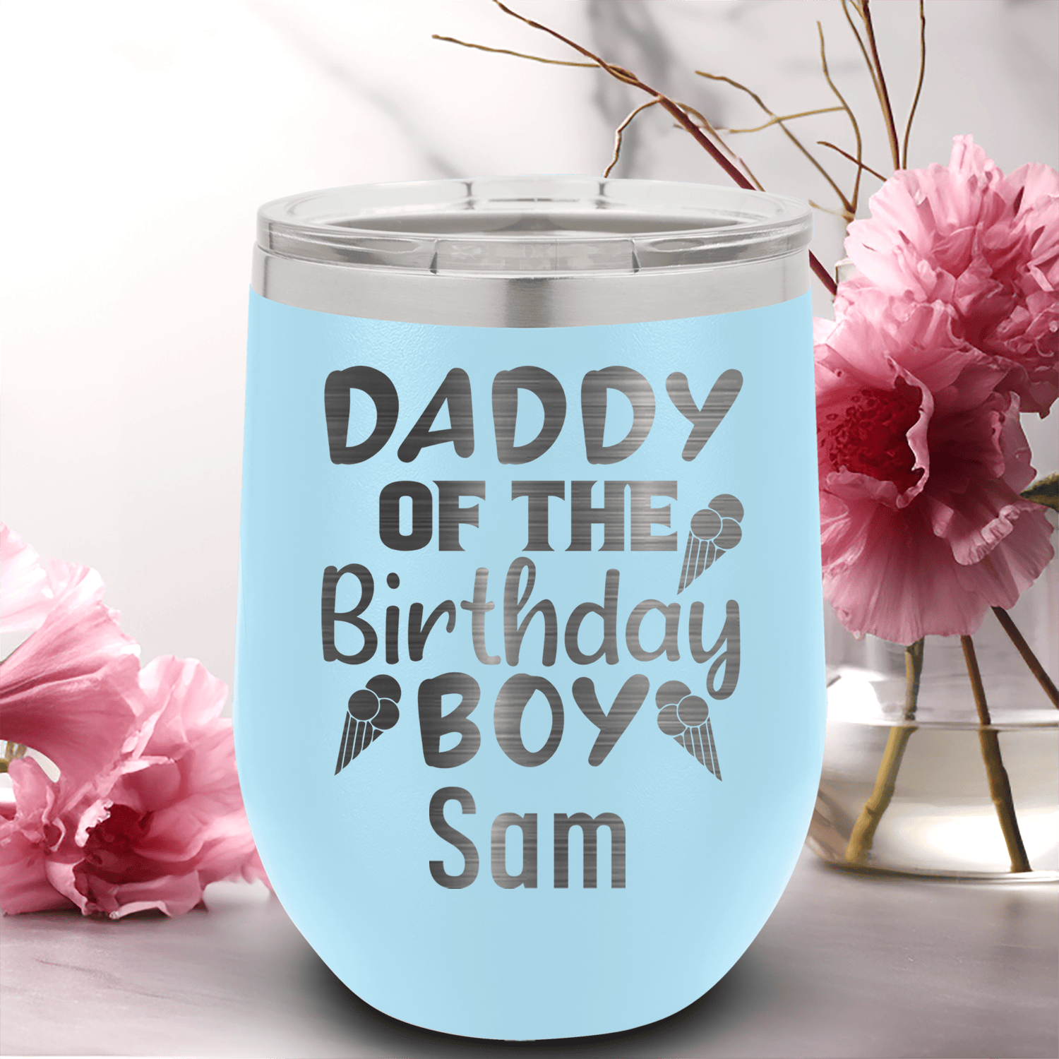 Light Blue Birthday Wine Tumbler With Birthday Dad Design