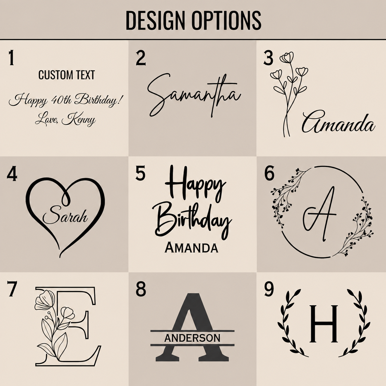 A 3x3 grid labeled 'DESIGN OPTIONS' showing nine black typography and floral monogram birthday design examples on a beige background, including custom text, names, and monogram variations.