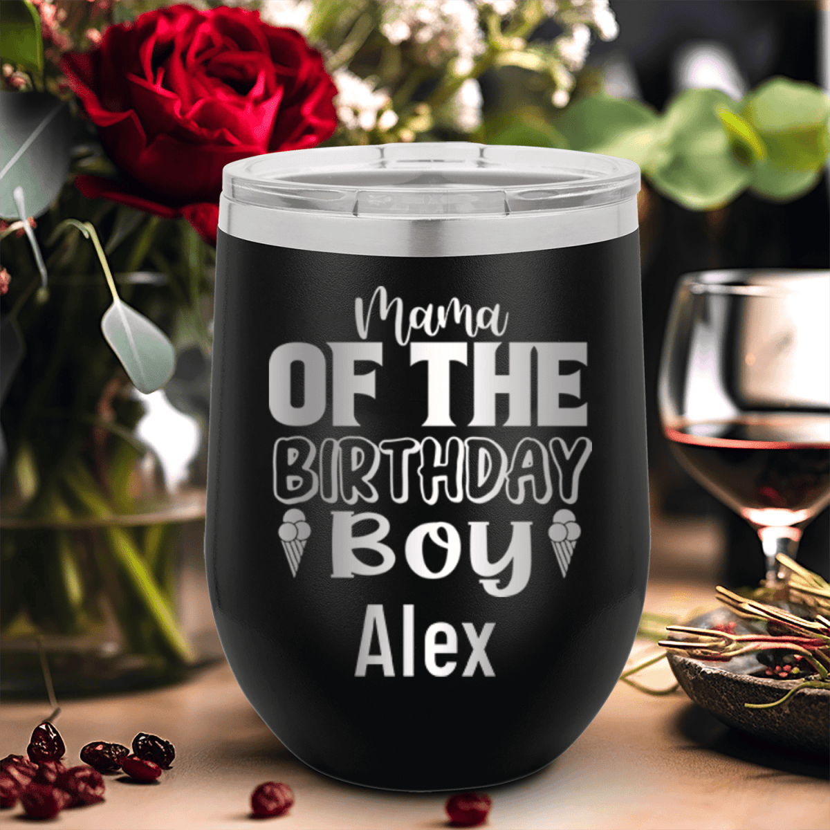 Black Birthday Wine Tumbler With Birthday Mom Design