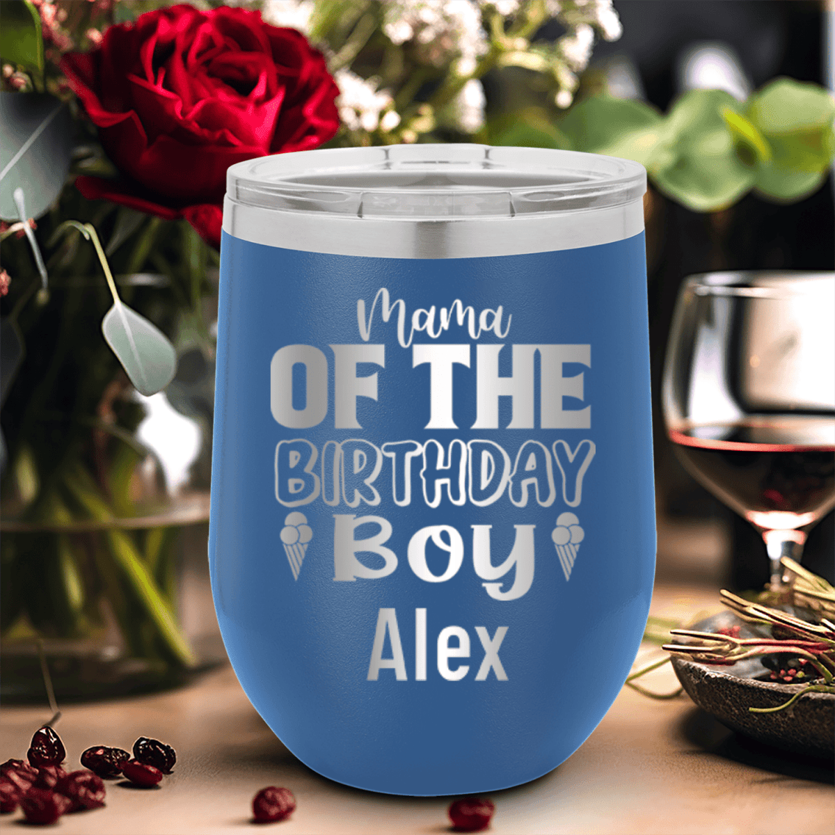 Blue Birthday Wine Tumbler With Birthday Mom Design