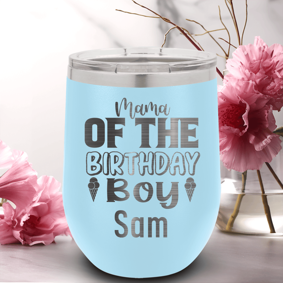 Light Blue Birthday Wine Tumbler With Birthday Mom Design