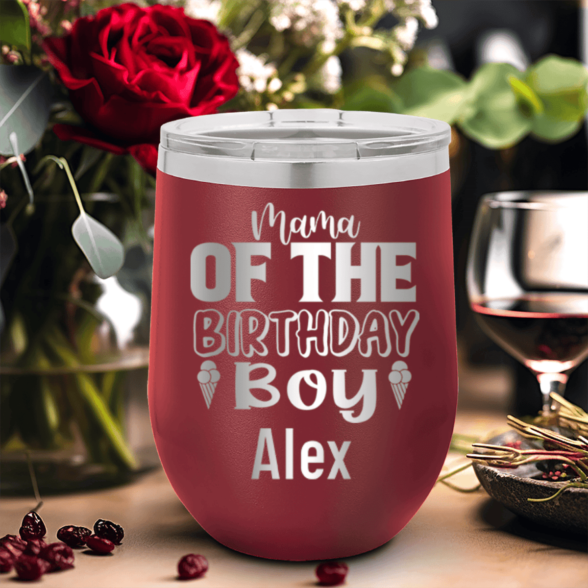 Maroon Birthday Wine Tumbler With Birthday Mom Design