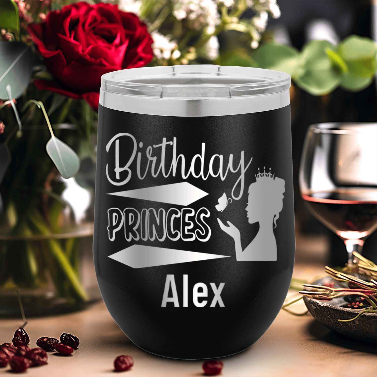 Black Birthday Wine Tumbler With Birthday Princess Design Design
