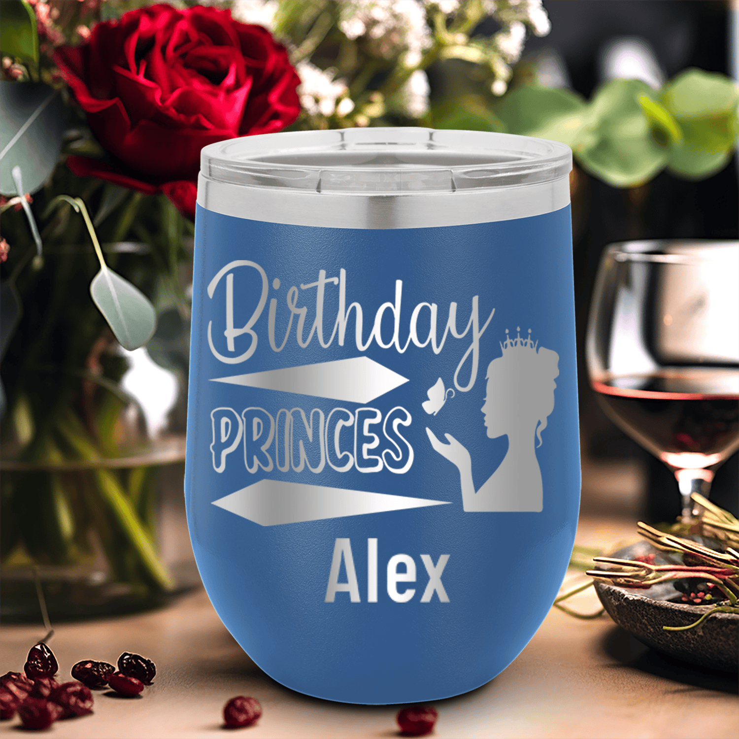 Blue Birthday Wine Tumbler With Birthday Princess Design Design