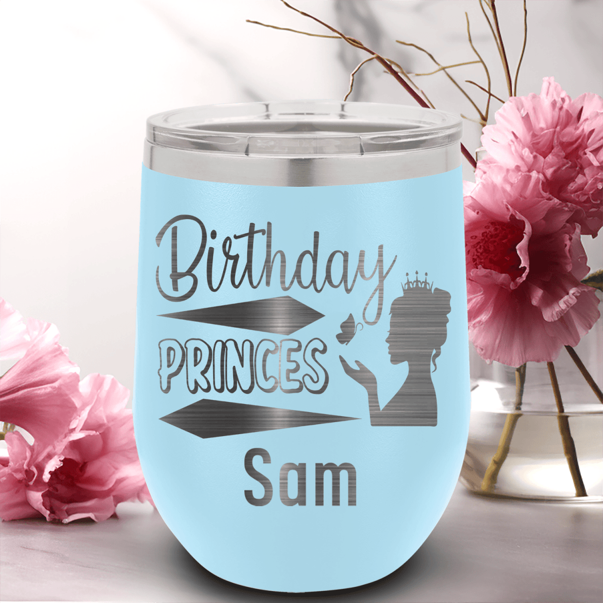 Light Blue Birthday Wine Tumbler With Birthday Princess Design Design