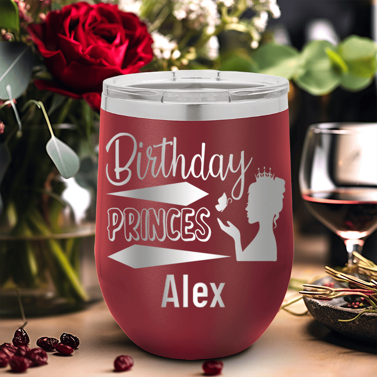 Maroon Birthday Wine Tumbler With Birthday Princess Design Design