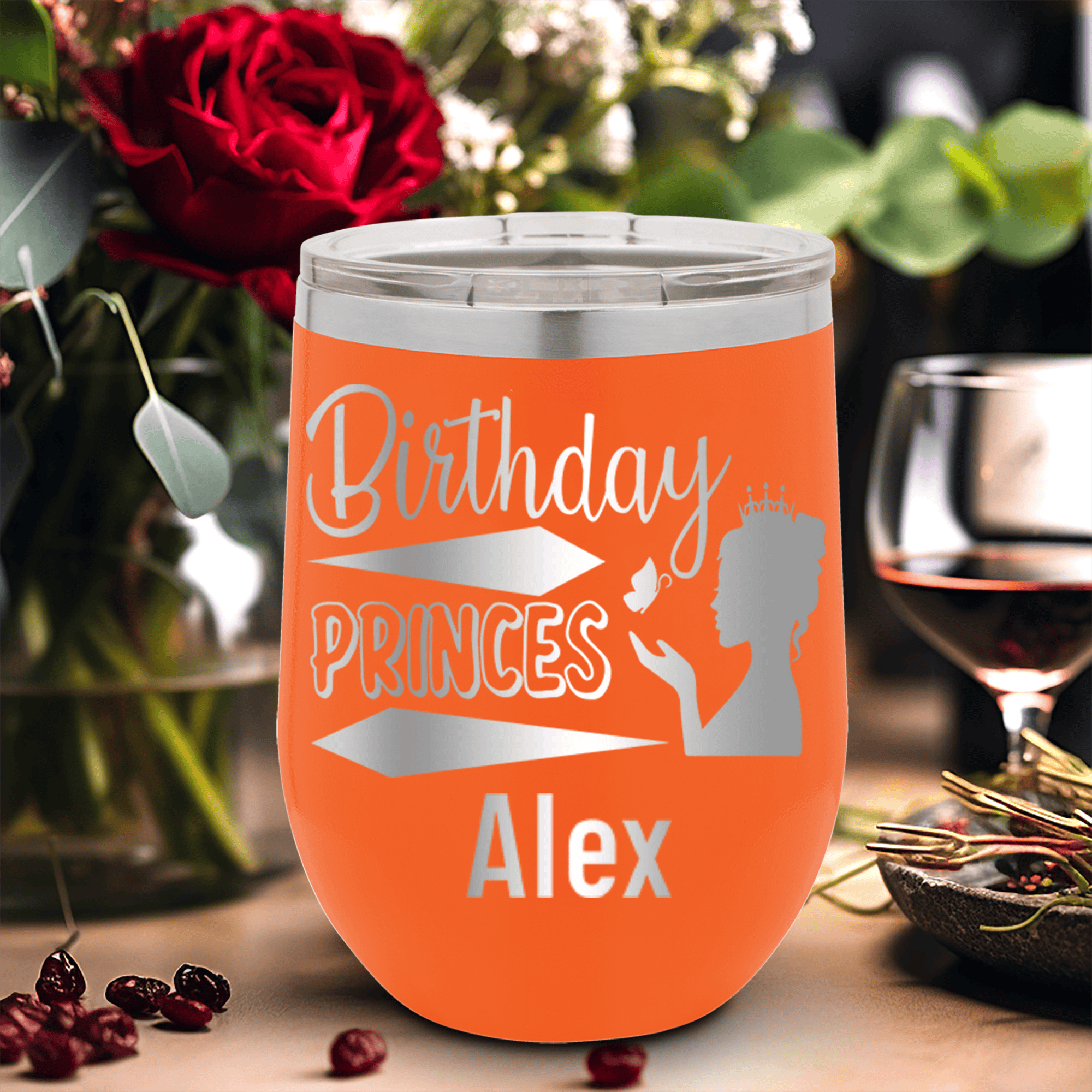 Orange Birthday Wine Tumbler With Birthday Princess Design Design