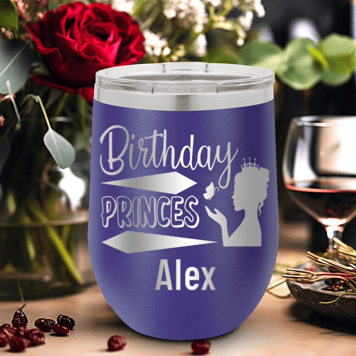Purple Birthday Wine Tumbler With Birthday Princess Design Design