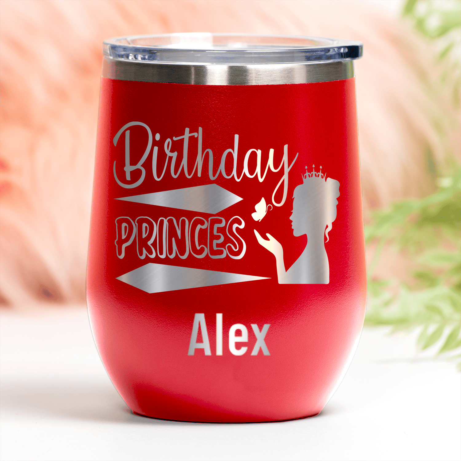 Red Birthday Wine Tumbler With Birthday Princess Design Design