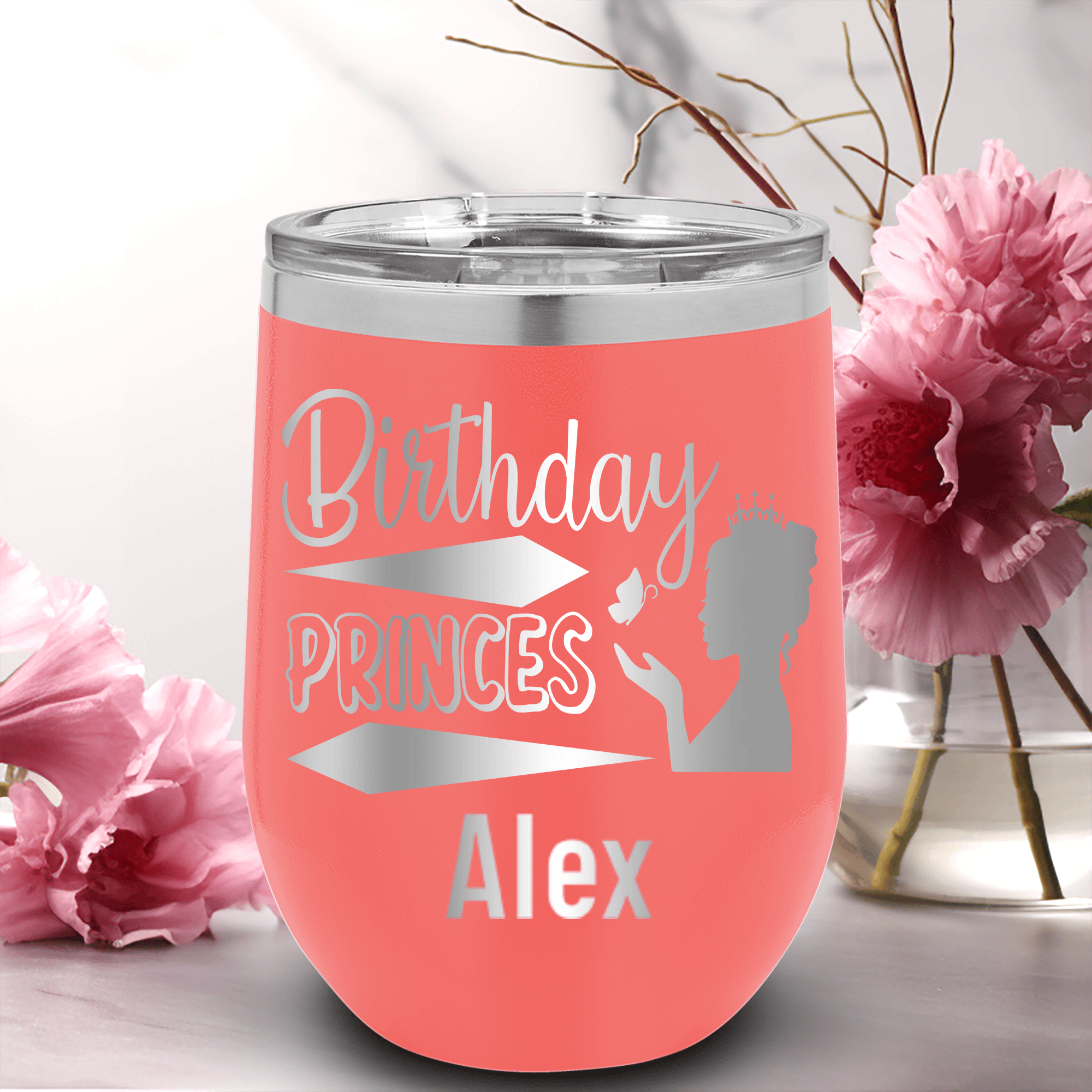 Salmon Birthday Wine Tumbler With Birthday Princess Design Design