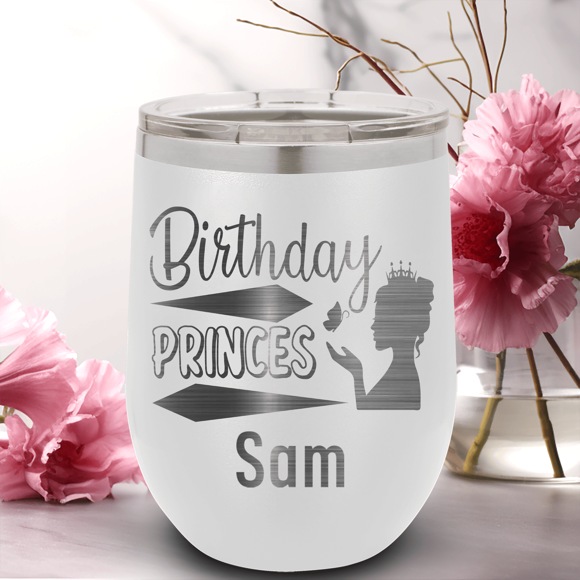 White Birthday Wine Tumbler With Birthday Princess Design Design