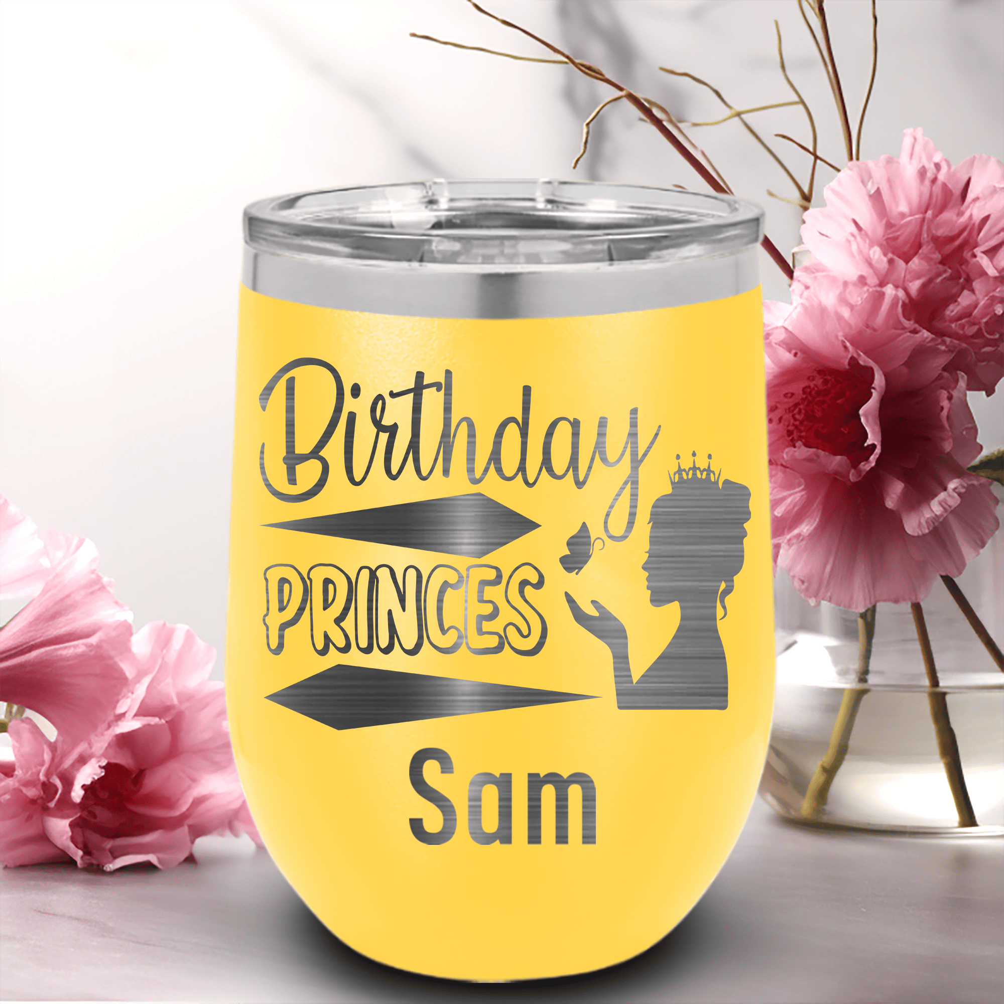 Yellow Birthday Wine Tumbler With Birthday Princess Design Design