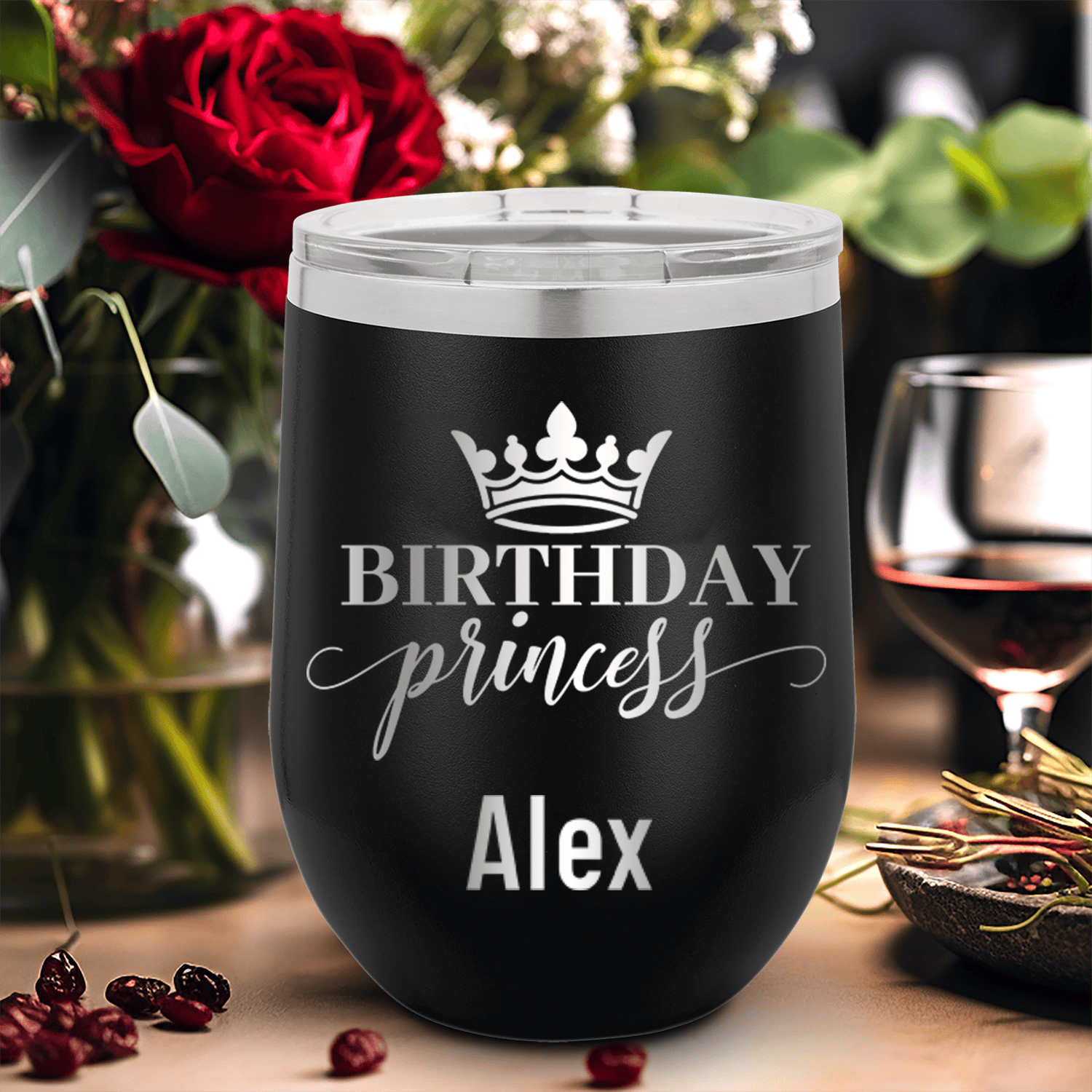 Black Birthday Wine Tumbler With Birthday Princess Design
