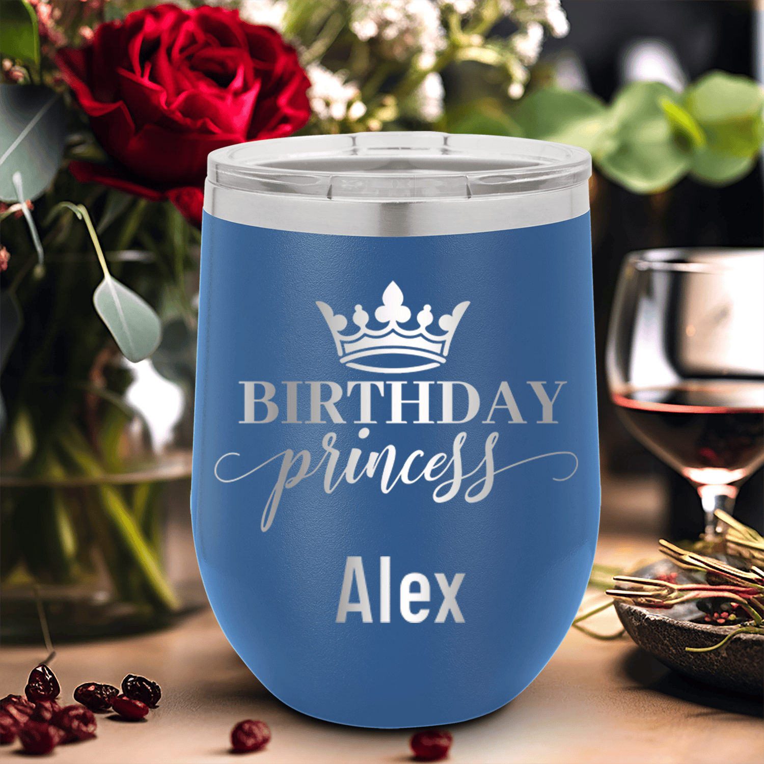 Blue Birthday Wine Tumbler With Birthday Princess Design