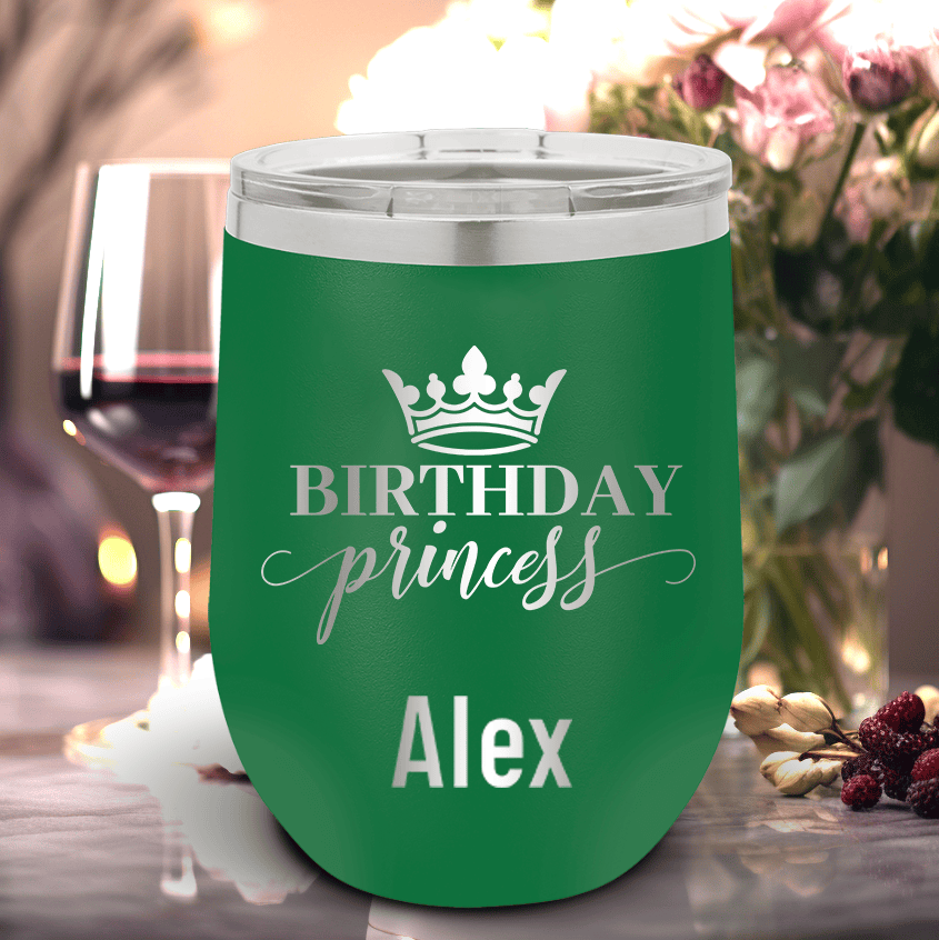 Green Birthday Wine Tumbler With Birthday Princess Design