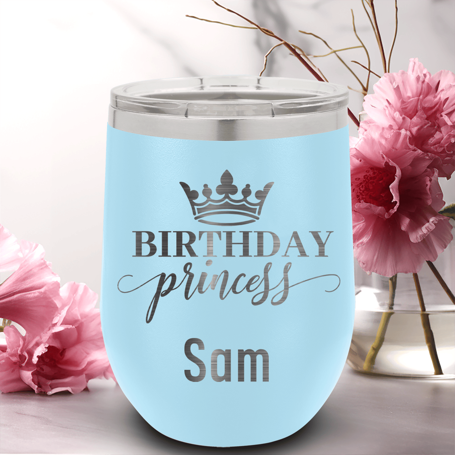 Light Blue Birthday Wine Tumbler With Birthday Princess Design