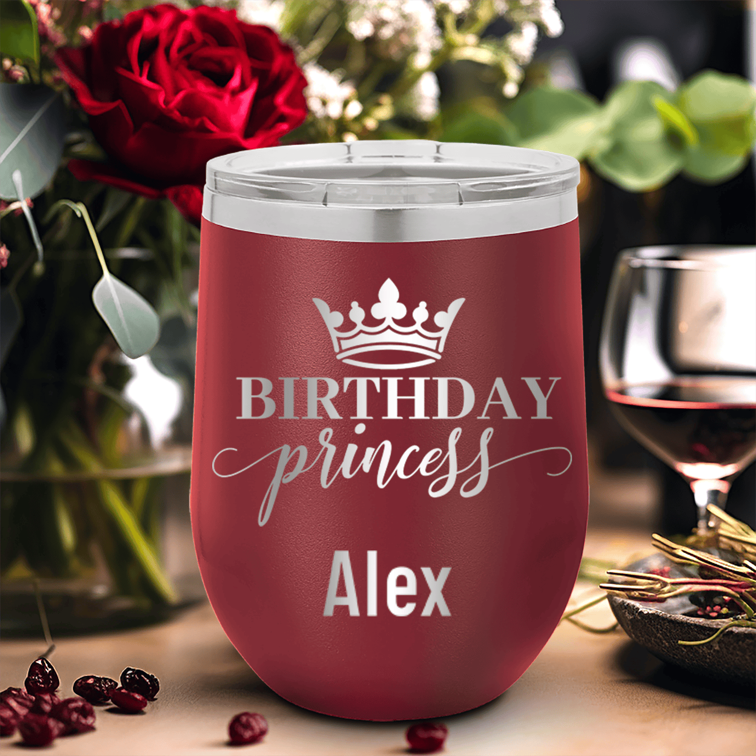 Maroon Birthday Wine Tumbler With Birthday Princess Design