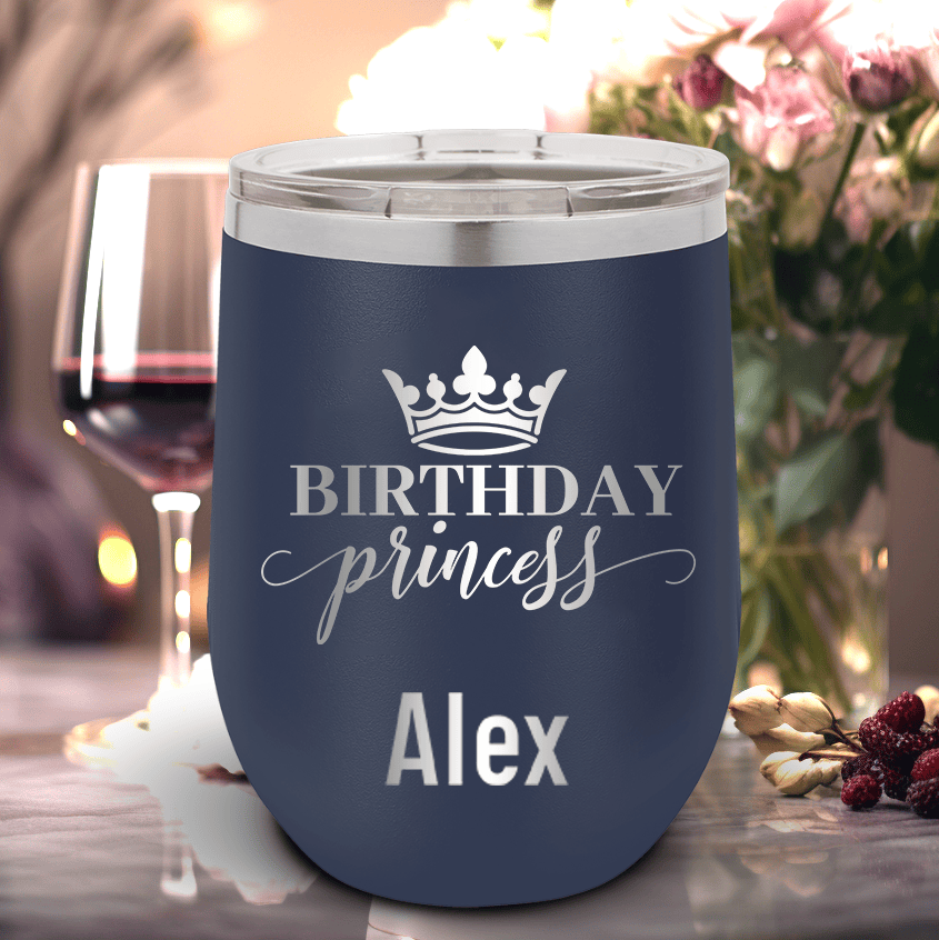 Navy Birthday Wine Tumbler With Birthday Princess Design