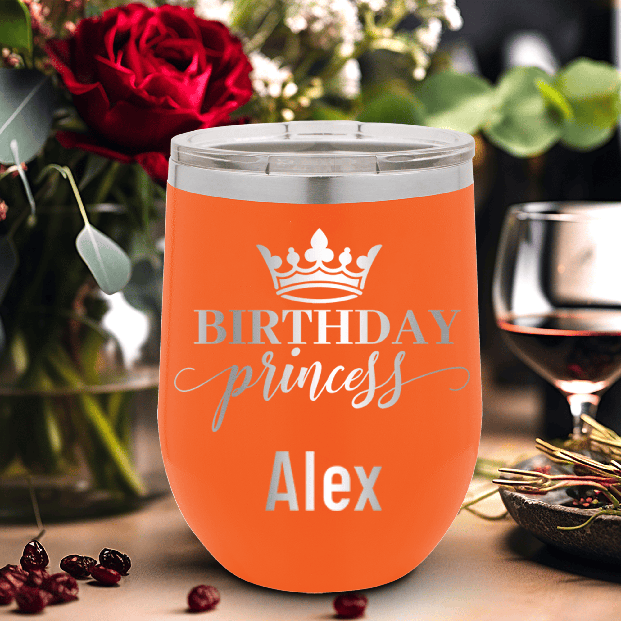 Orange Birthday Wine Tumbler With Birthday Princess Design