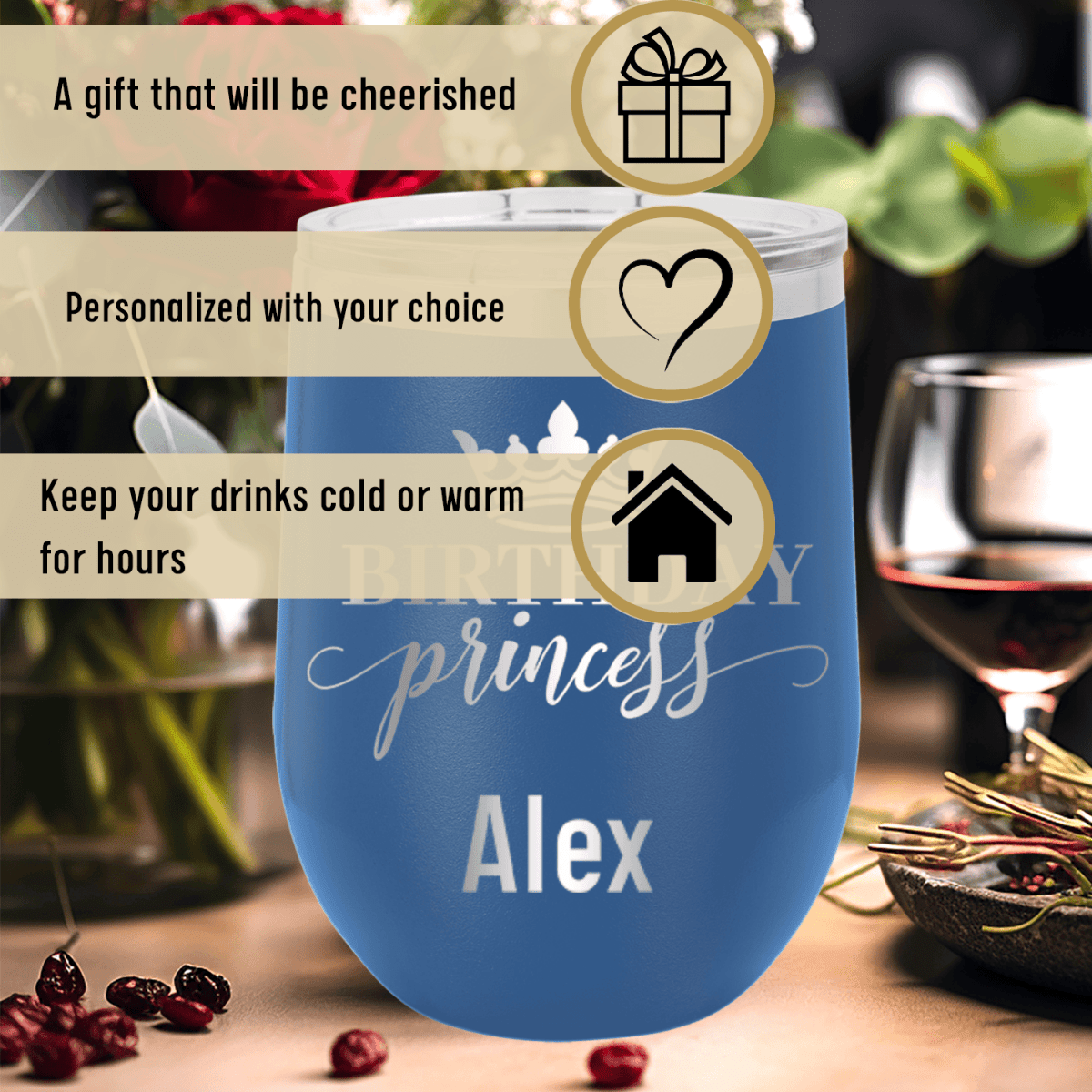 Personalized Birthday Princess Wine Tumbler for her, Customized Gifts for Women by Groovy Girl Gifts