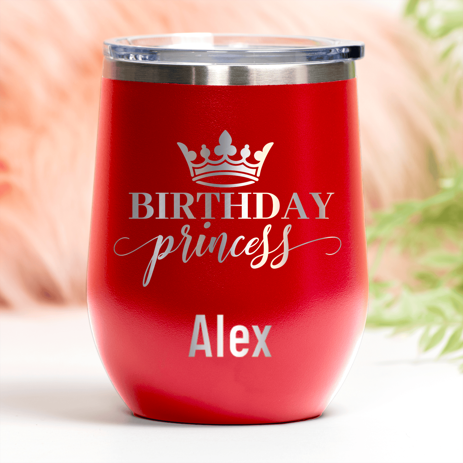 Red Birthday Wine Tumbler With Birthday Princess Design
