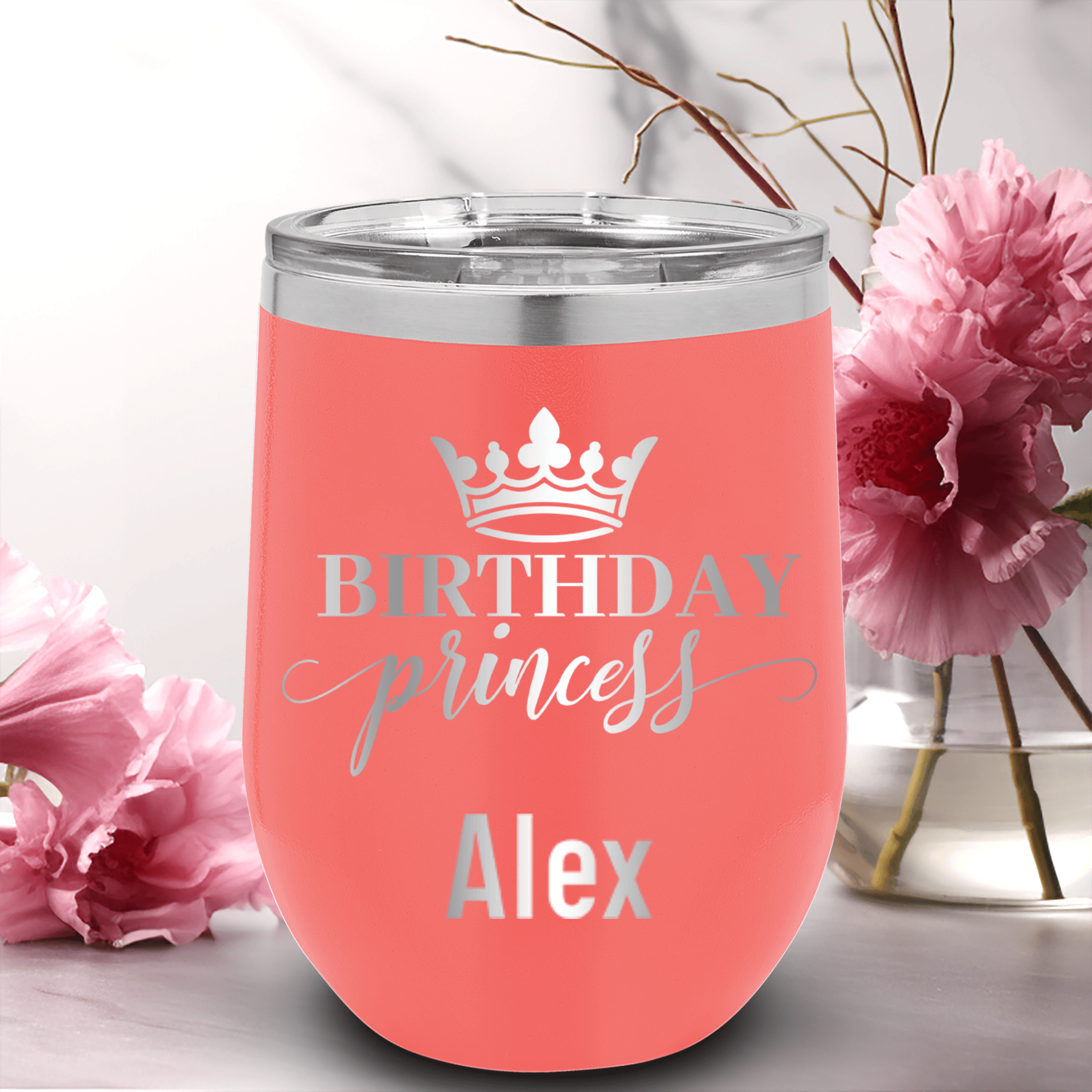 Salmon Birthday Wine Tumbler With Birthday Princess Design
