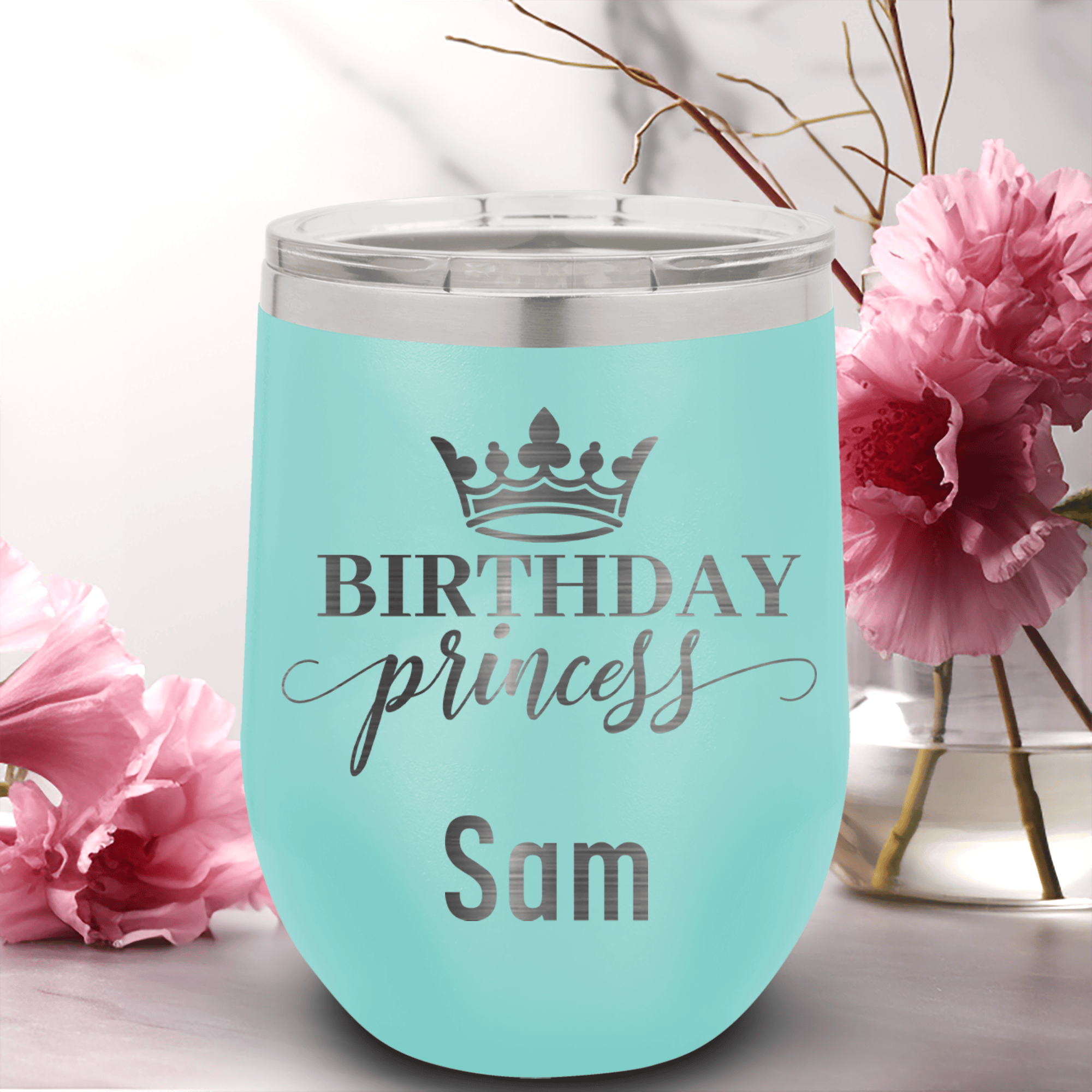 Teal Birthday Wine Tumbler With Birthday Princess Design